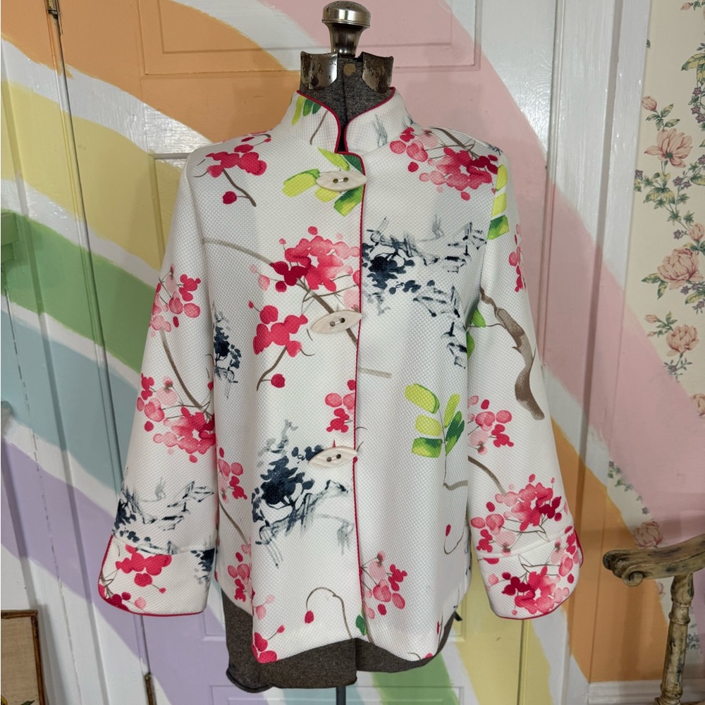 IC By Connie K White Floral Textured Art-To-Wear Jacket Asian Inspired Sz M 💛🍄